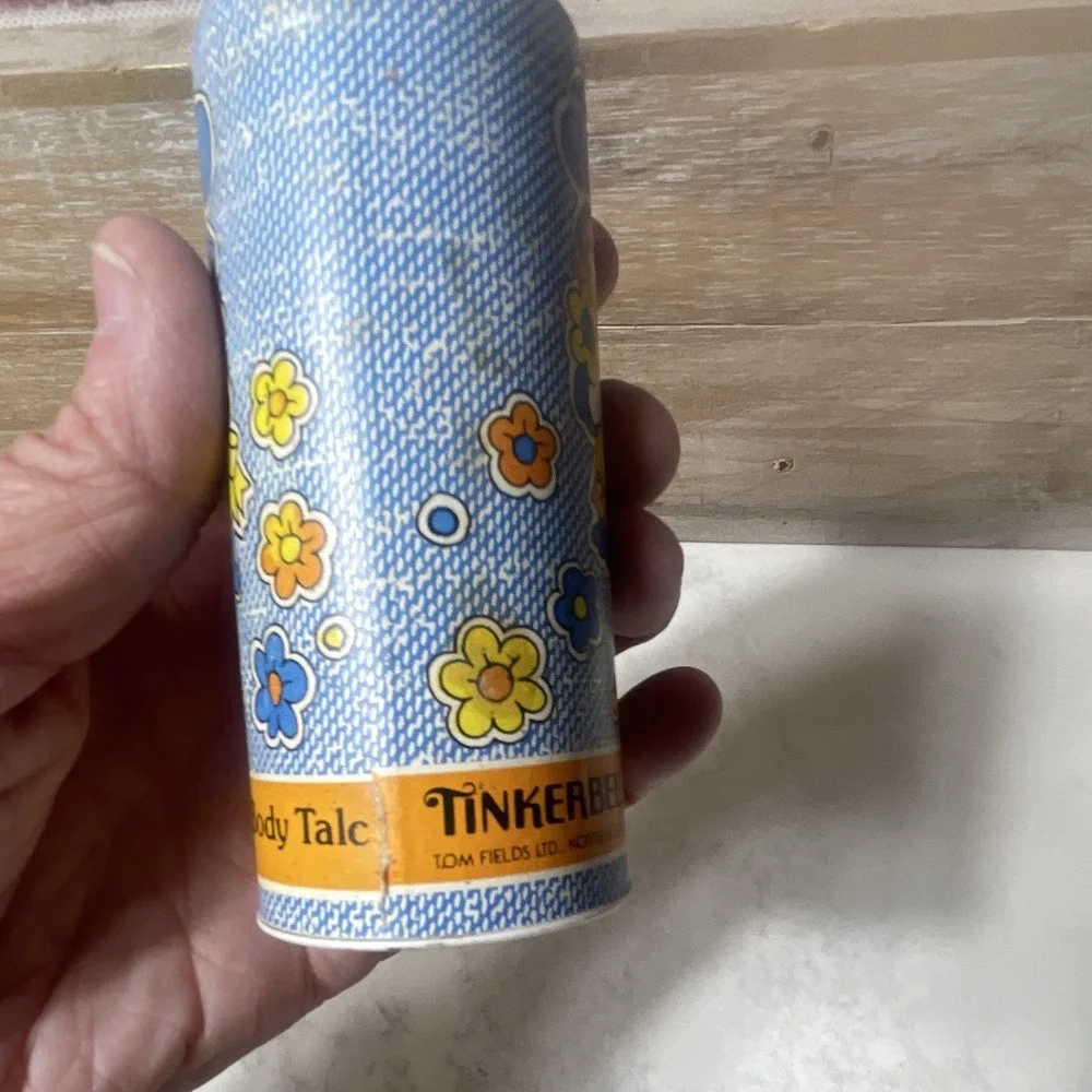 Tinkerbell Vintage Body Talc Powder Shaker Tin Can Blue Floral Girl Graphic